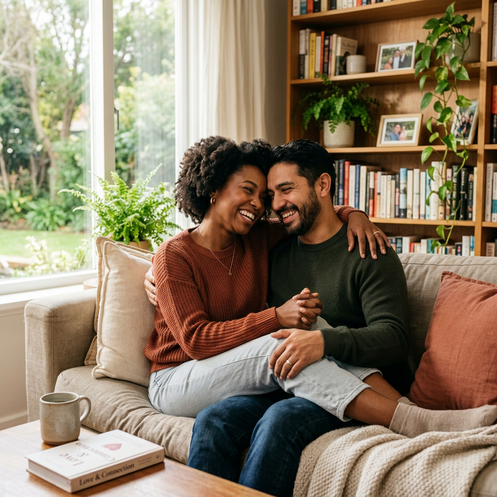 Laughing couple embracing on a sofa in a bright living room